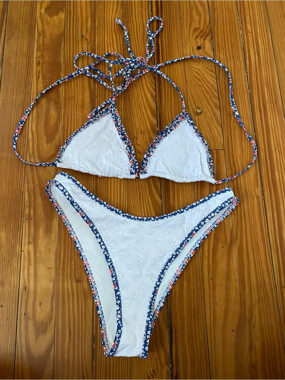 Frankie’s Bikinis White Eyelet Bikini with Floral Trim